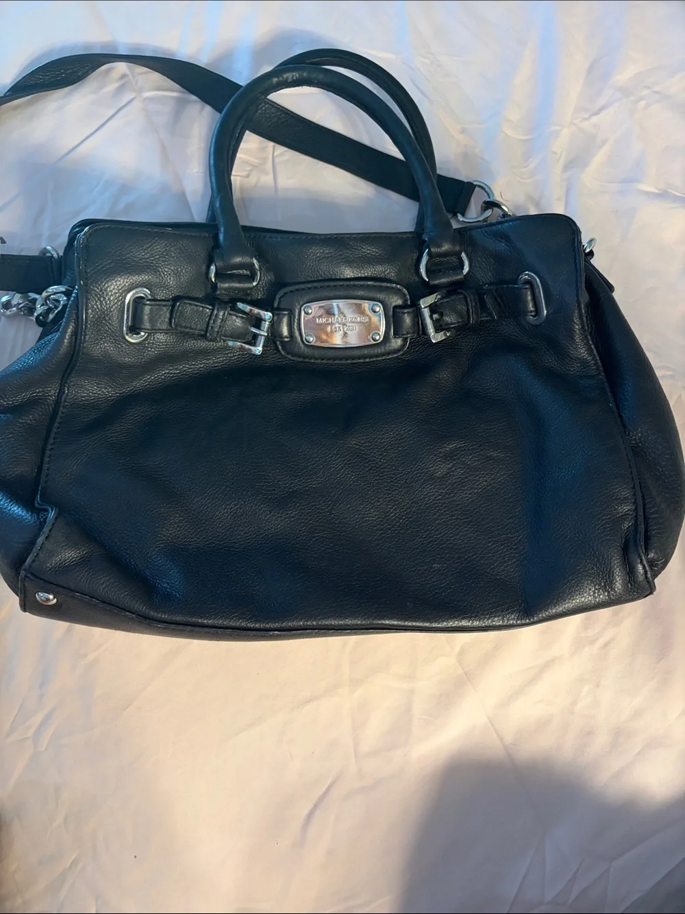 Michael Kors Black Leather Double-Handle Satchel with Silver Hardware